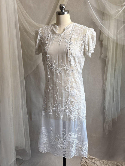 Antique 1920's Dress - Semi - Sheer White Cotton Lawn with Elaborate Mixed Lace & Embroidery | XS, S - Daggers & Dames