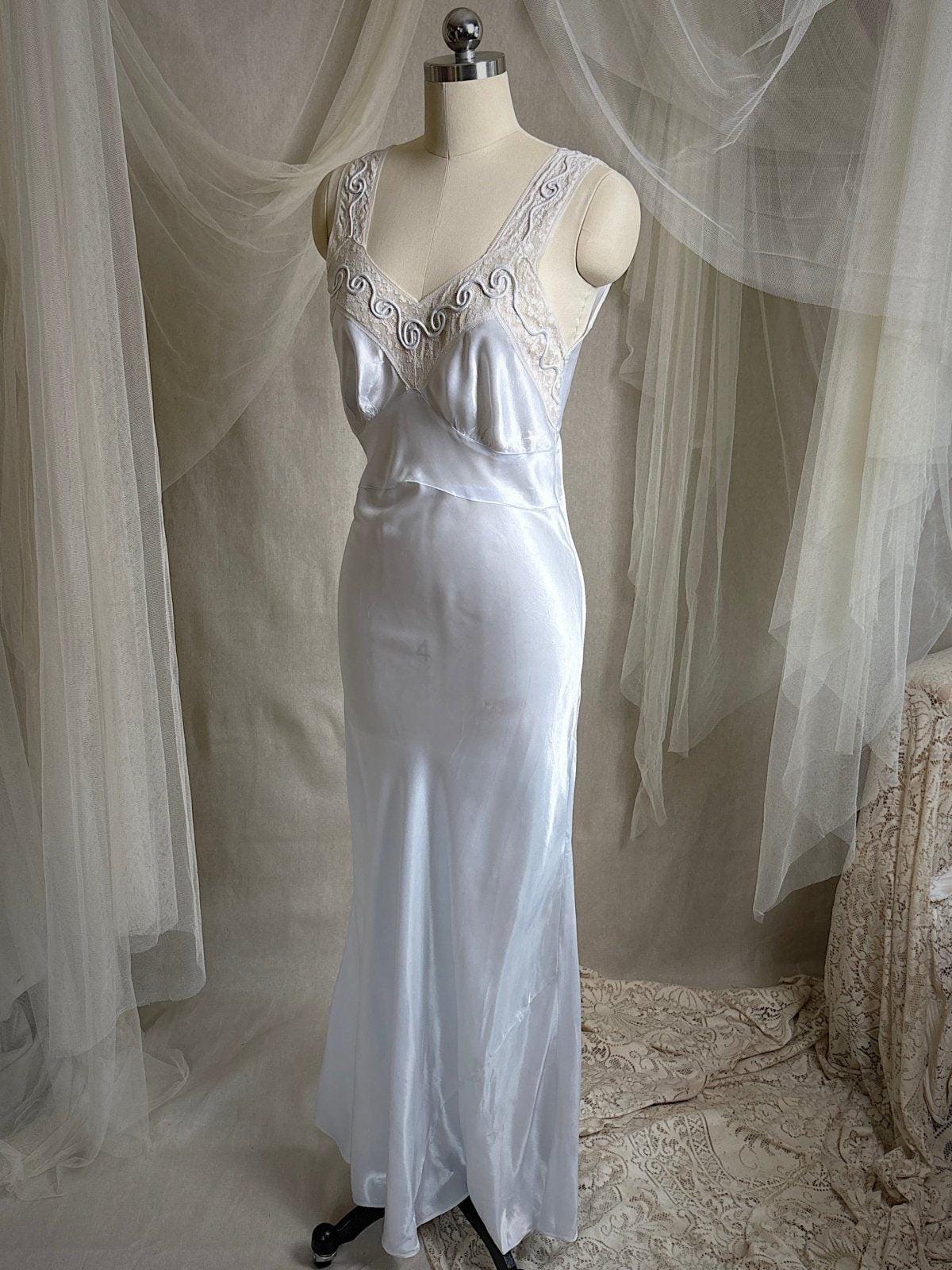 Vintage 1940's Nightgown - Icy Blue Rayon Satin with Soutache Embroidery | XS - Daggers & Dames