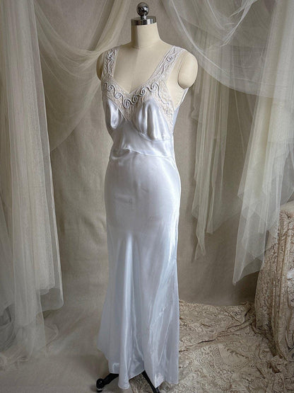 Vintage 1940's Nightgown - Icy Blue Rayon Satin with Soutache Embroidery | XS - Daggers & Dames