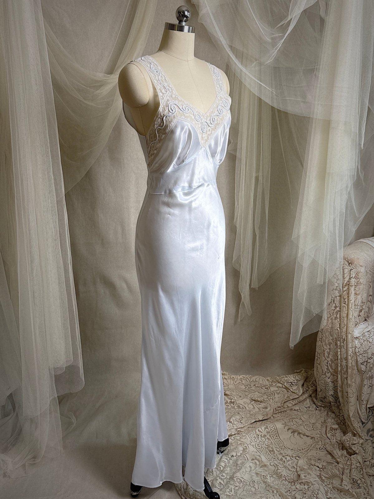 Vintage 1940's Nightgown - Icy Blue Rayon Satin with Soutache Embroidery | XS - Daggers & Dames