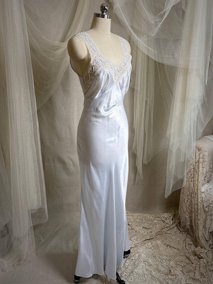Vintage 1940's Nightgown - Icy Blue Rayon Satin with Soutache Embroidery | XS - Daggers & Dames
