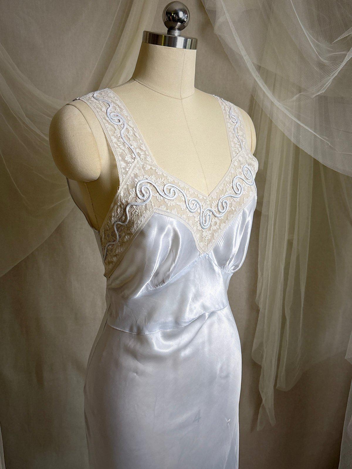 Vintage 1940's Nightgown - Icy Blue Rayon Satin with Soutache Embroidery | XS - Daggers & Dames