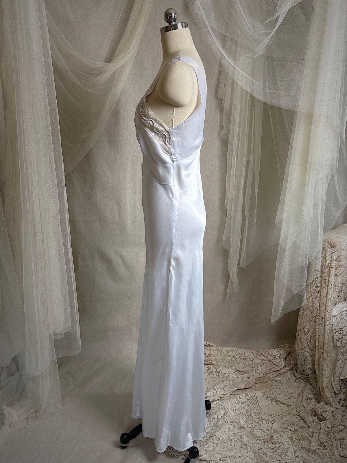 Vintage 1940's Nightgown - Icy Blue Rayon Satin with Soutache Embroidery | XS - Daggers & Dames