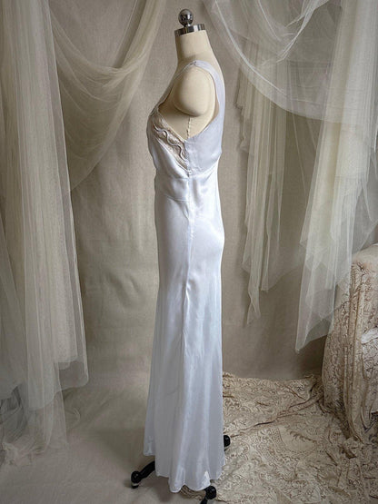 Vintage 1940's Nightgown - Icy Blue Rayon Satin with Soutache Embroidery | XS - Daggers & Dames