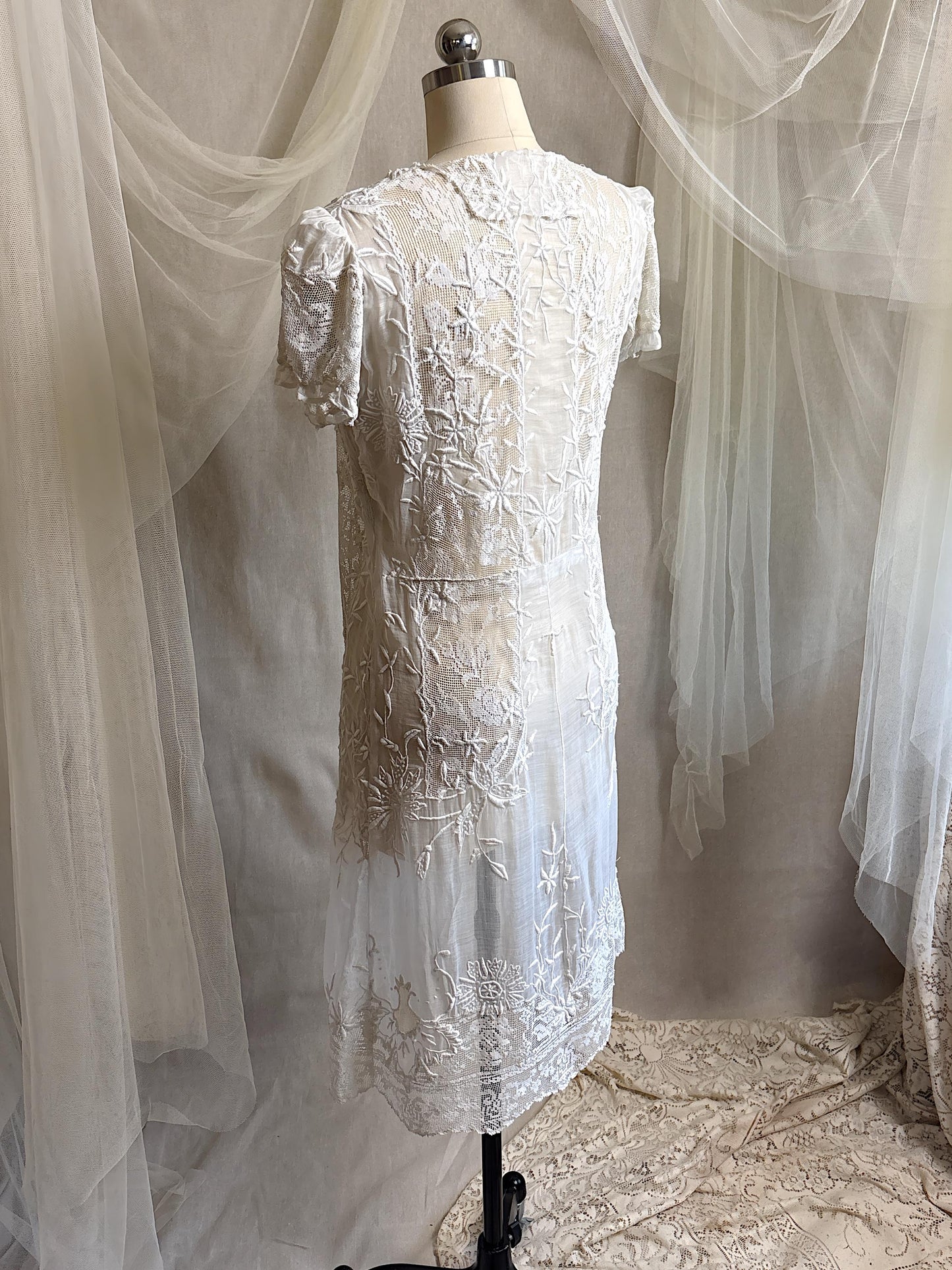 Antique 1920's Dress - Semi-Sheer White Cotton Lawn with Elaborate Mixed Lace & Couched Embroidery | XS, S