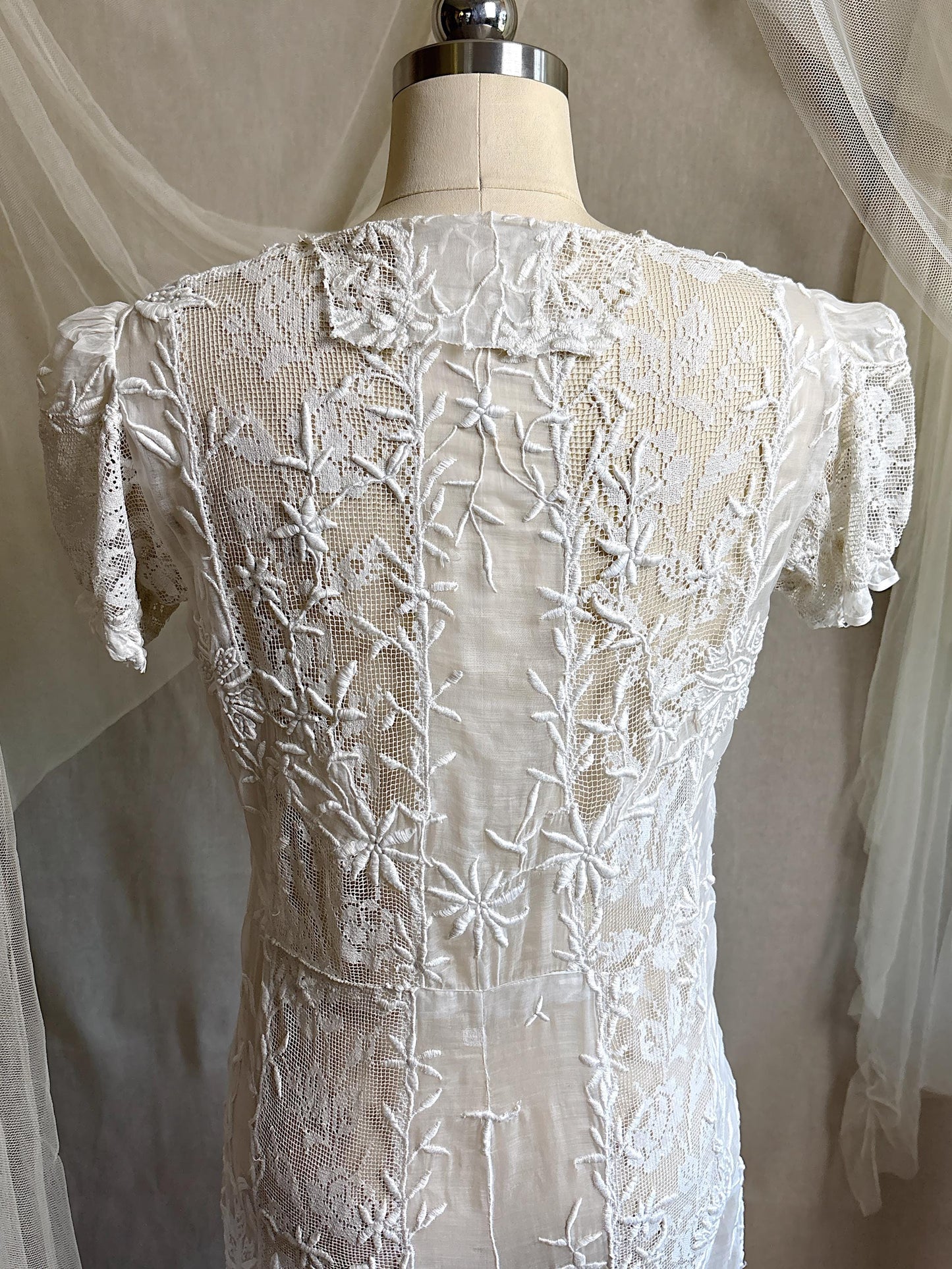 Antique 1920's Dress - Semi-Sheer White Cotton Lawn with Elaborate Mixed Lace & Couched Embroidery | XS, S