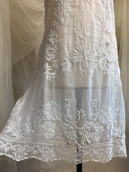 Antique 1920's Dress - Semi-Sheer White Cotton Lawn with Elaborate Mixed Lace & Couched Embroidery | XS, S