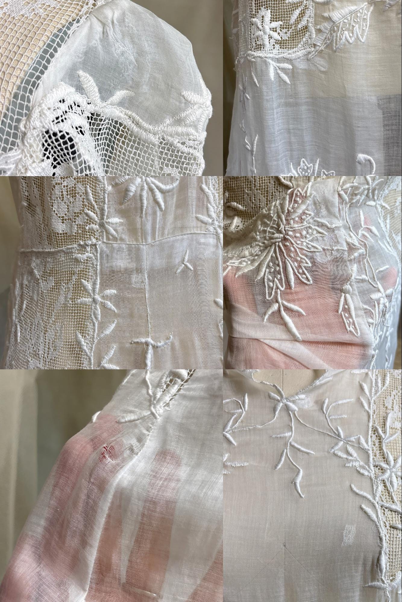 Antique 1920's Dress - Semi-Sheer White Cotton Lawn with Elaborate Mixed Lace & Couched Embroidery | XS, S