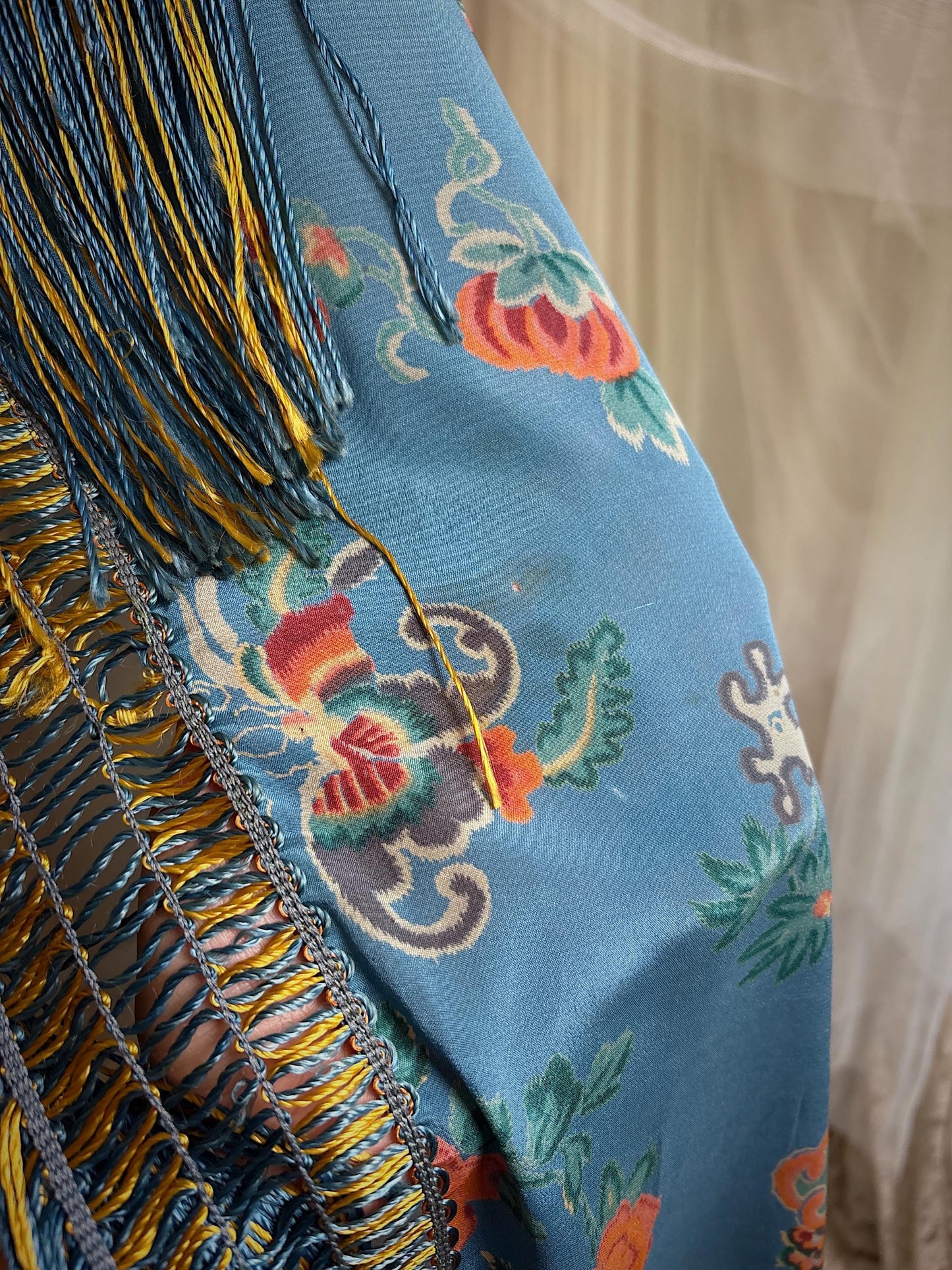 Antique 1920's Piano Shawl - Deep Ash Blue Silk with Bold Coral Floral Motif & Gold Silk Fringe | 62 x 62 inches