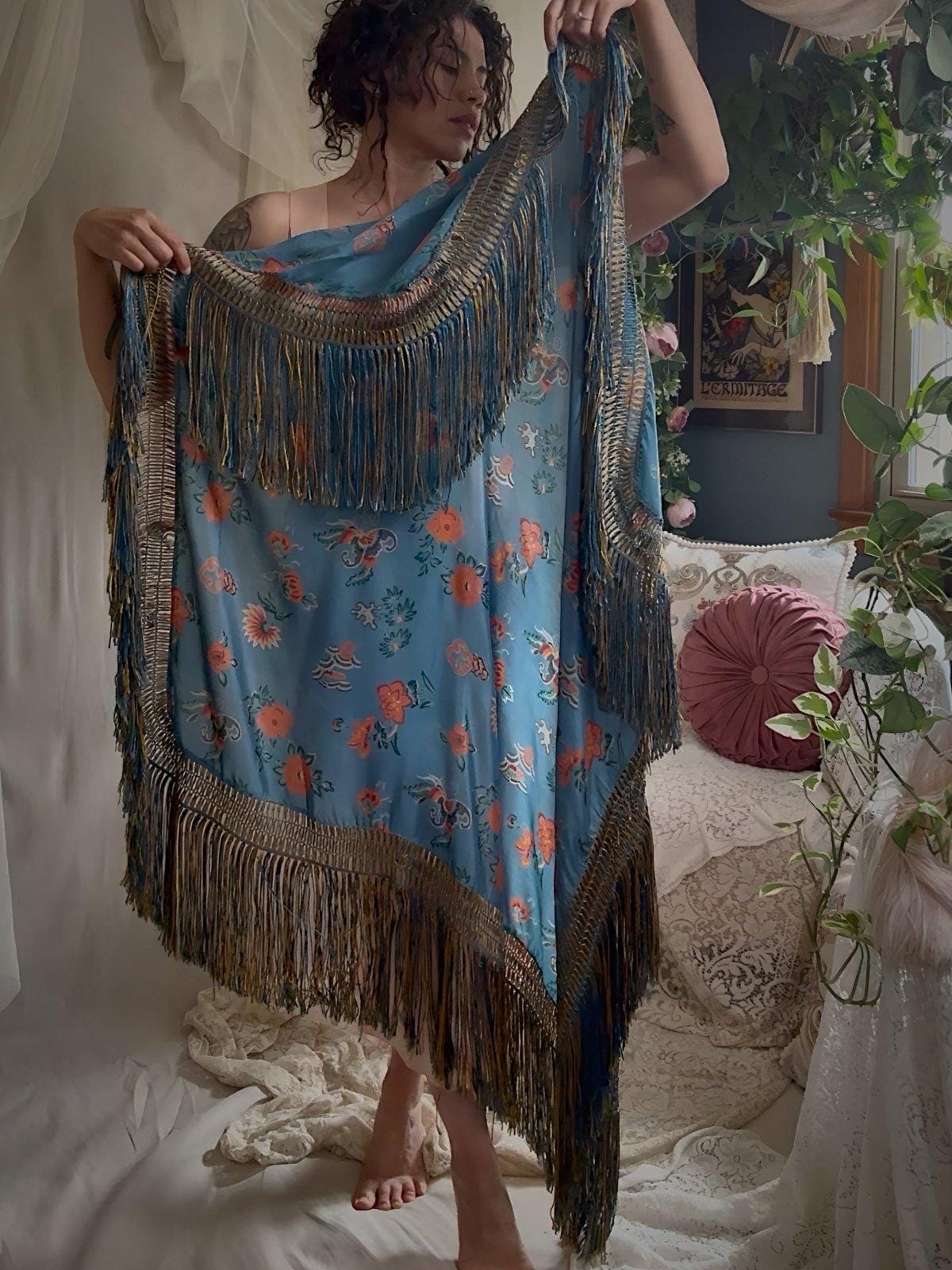 Antique 1920's Piano Shawl - Deep Ash Blue Silk with Bold Coral Floral Motif & Gold Silk Fringe | 62 x 62 inches - Daggers & Dames
