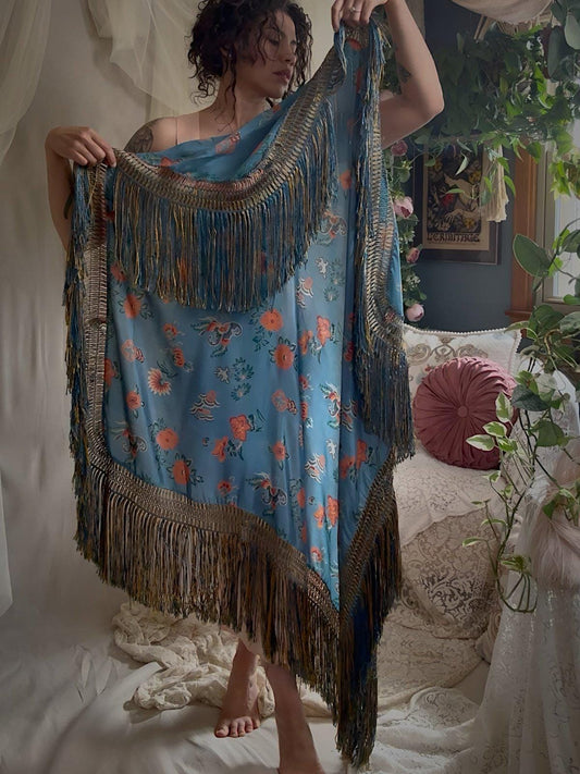Antique 1920's Piano Shawl - Deep Ash Blue Silk with Bold Coral Floral Motif & Gold Silk Fringe | 62 x 62 inches - Daggers & Dames