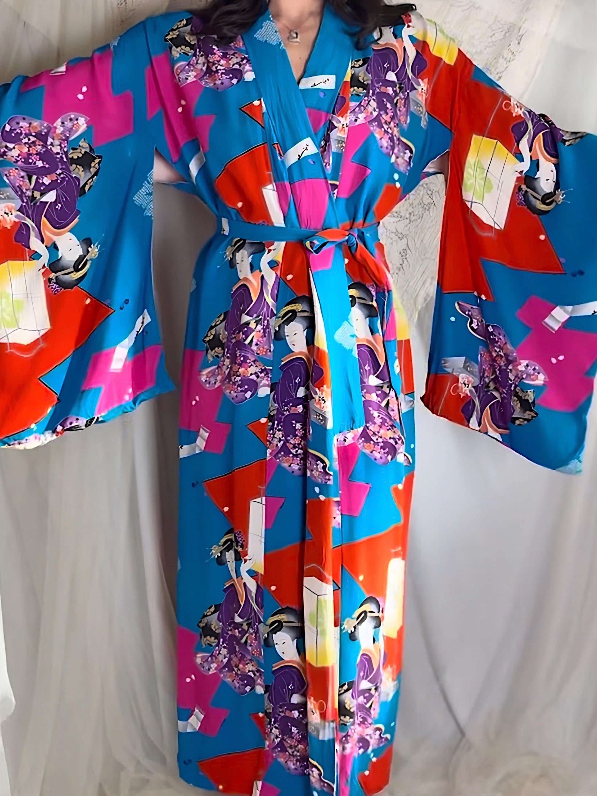 Vintage 1940's Japanese Kimono - Bold Cerulean Blue Silk with Woodblock Print & Fringe Sash | One Size