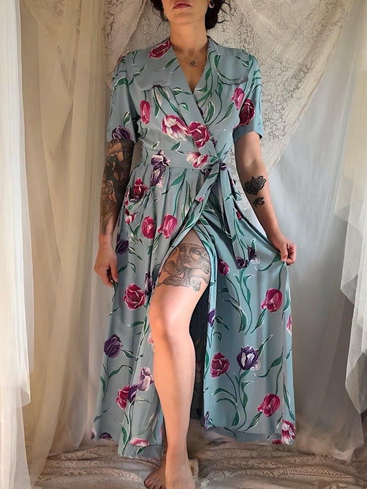 Vintage 1940s Dressing Gown - Sky Blue Rayon with Bold Floral Print by Vali Fashion