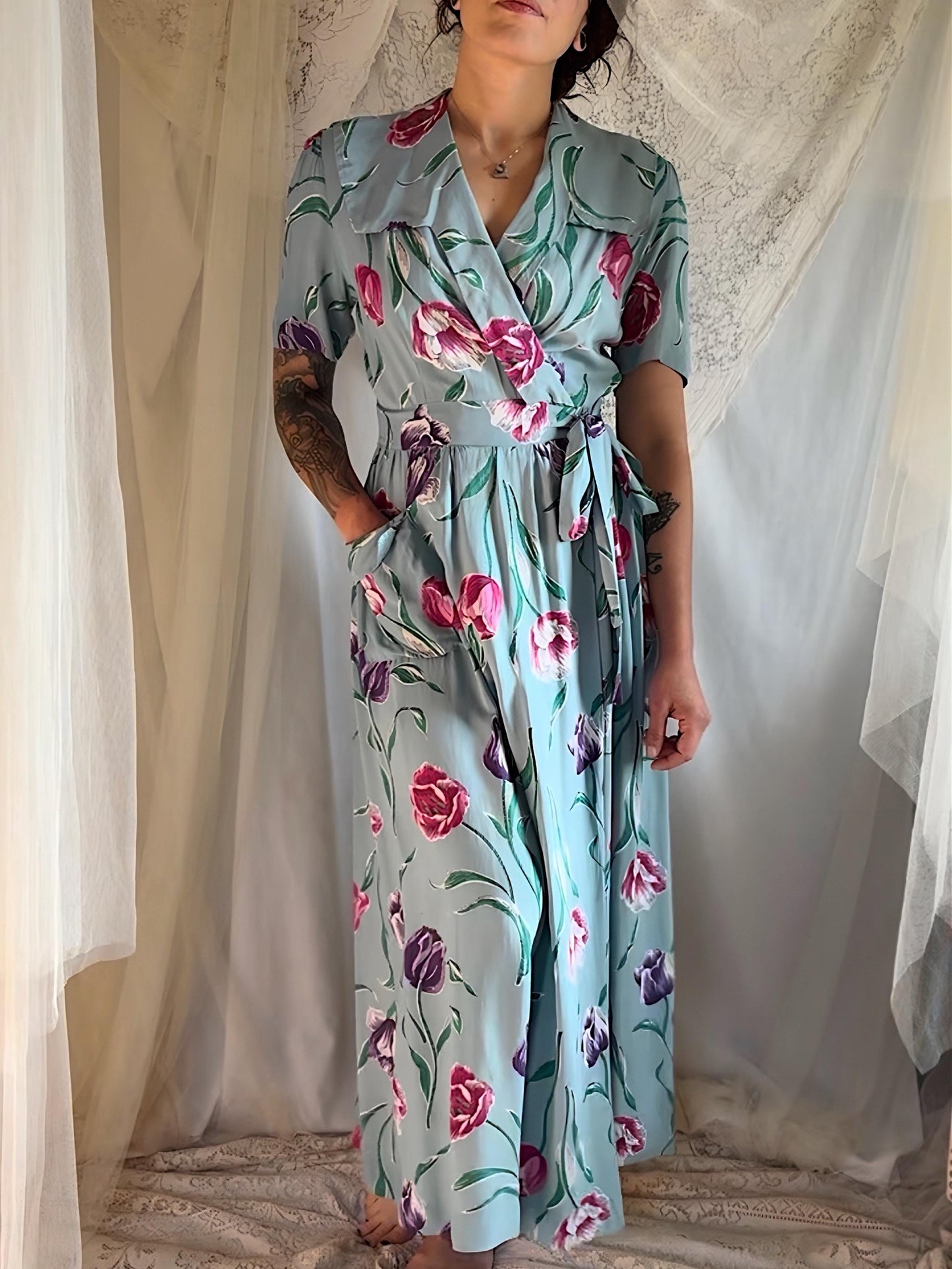 Vintage 1940s Dressing Gown - Sky Blue Rayon with Bold Floral Print by Vali Fashion