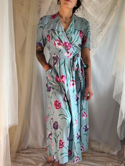 Vintage 1940s Dressing Gown - Sky Blue Rayon with Bold Floral Print by Vali Fashion