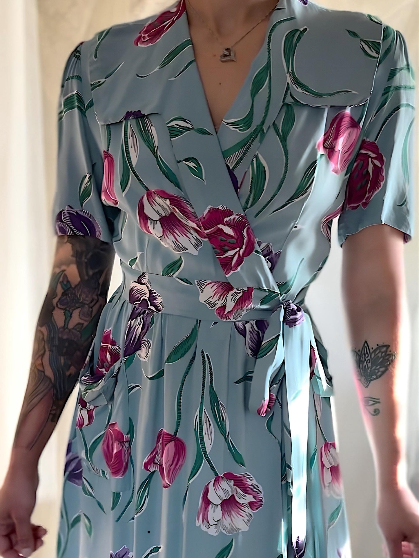Vintage 1940s Dressing Gown - Sky Blue Rayon with Bold Floral Print by Vali Fashion