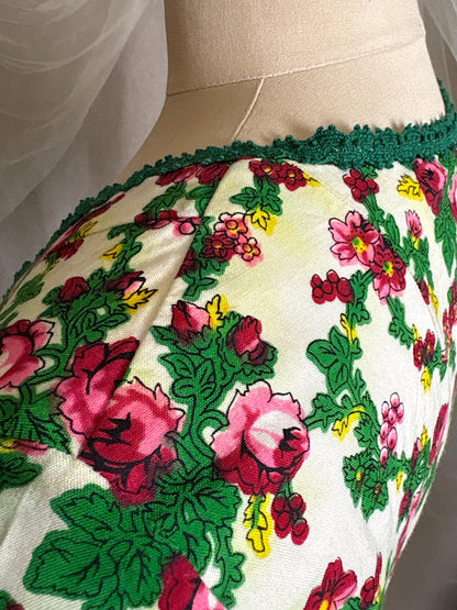 Vintage 1950's Day Dress | Cream Cotton with Floral Folk Print & Brass Button Closure | XS