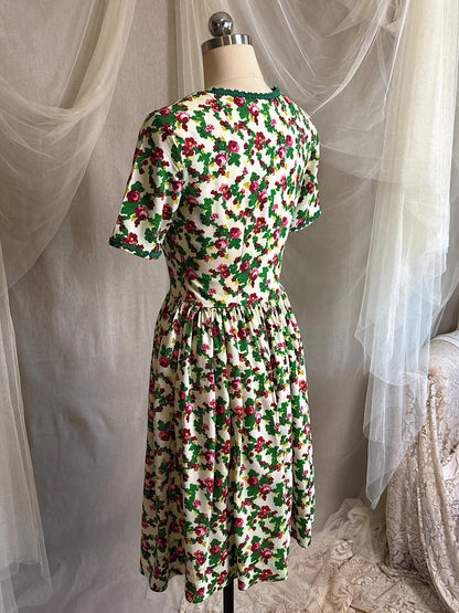 Vintage 1950's Day Dress | Cream Cotton with Floral Folk Print & Brass Button Closure | XS