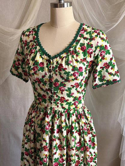 Vintage 1950's Day Dress | Cream Cotton with Floral Folk Print & Brass Button Closure | XS