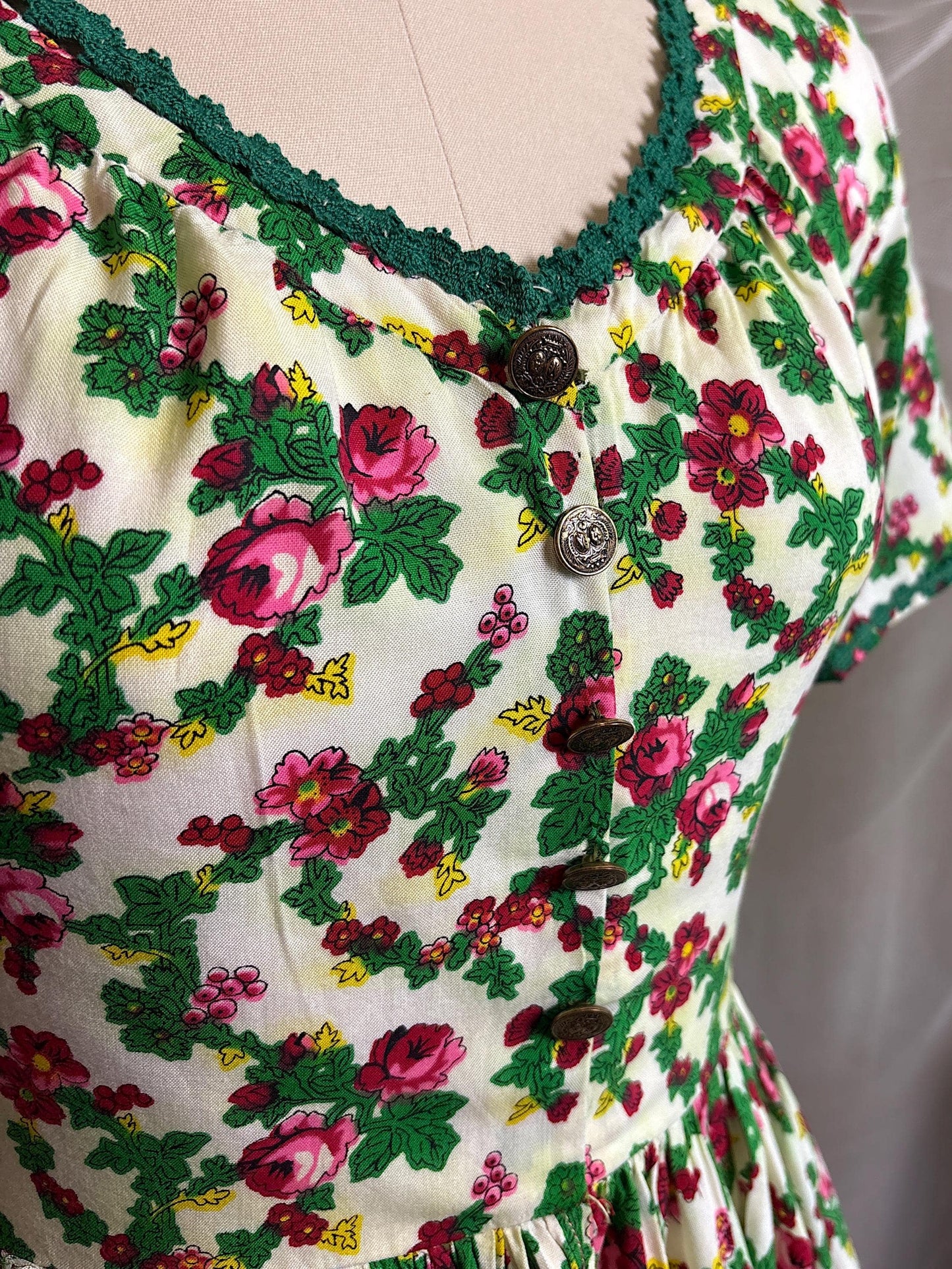 Vintage 1950's Day Dress | Cream Cotton with Floral Folk Print & Brass Button Closure | XS