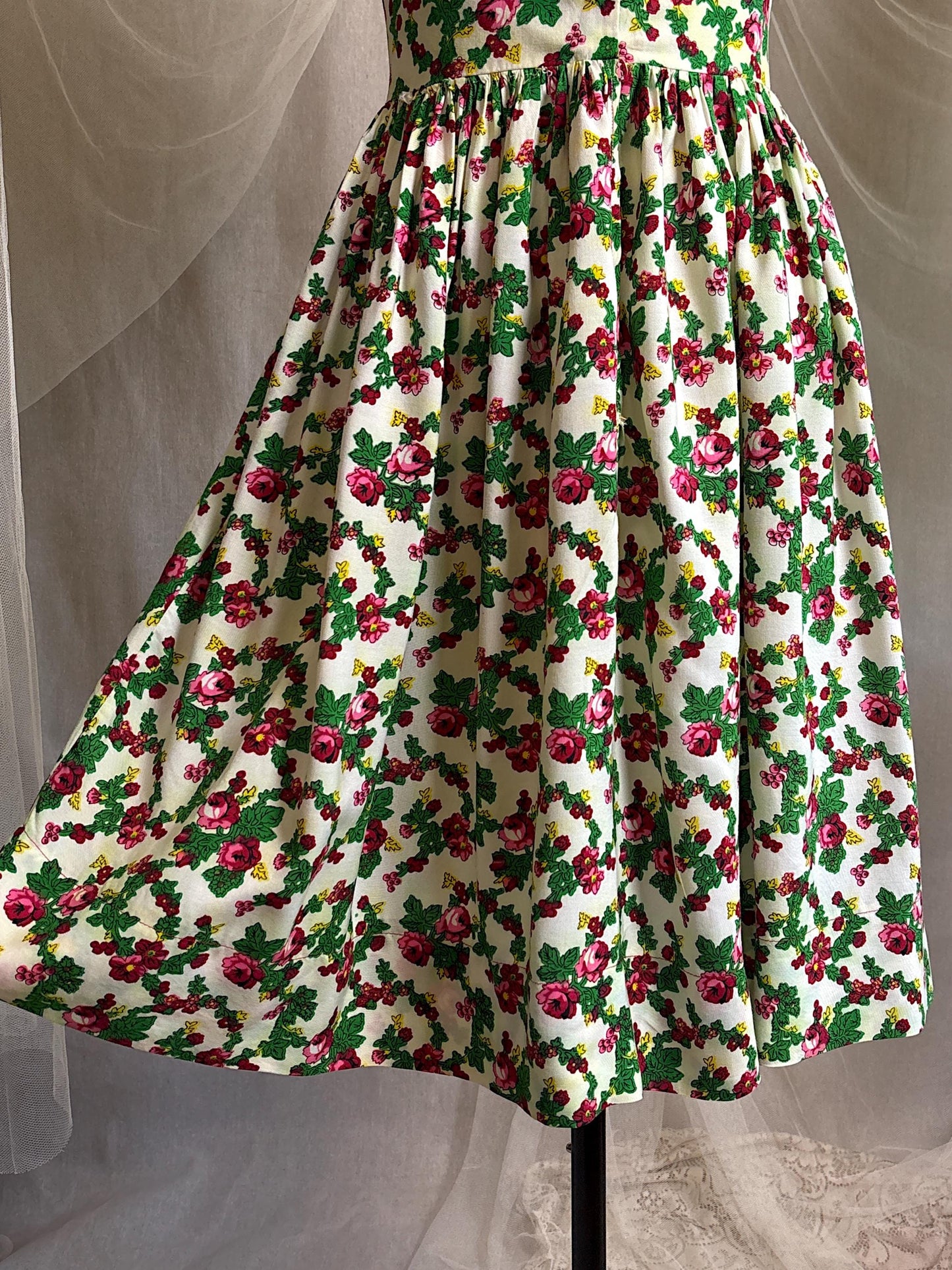 Vintage 1950's Day Dress | Cream Cotton with Floral Folk Print & Brass Button Closure | XS