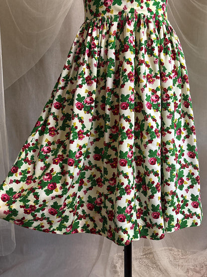 Vintage 1950's Day Dress | Cream Cotton with Floral Folk Print & Brass Button Closure | XS