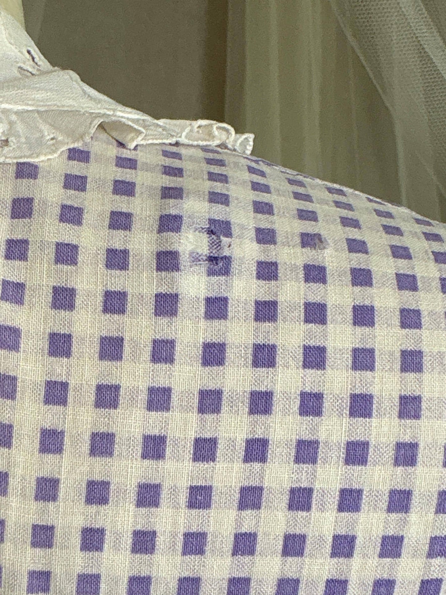 Vintage 1930's - 1940's Day Dress | Lilac Purple & White Gingham Print Cotton with Ruffled Eyelet Lace | M