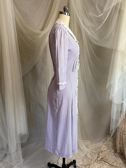 Vintage 1930's - 1940's Day Dress | Lilac Purple & White Gingham Print Cotton with Ruffled Eyelet Lace | M