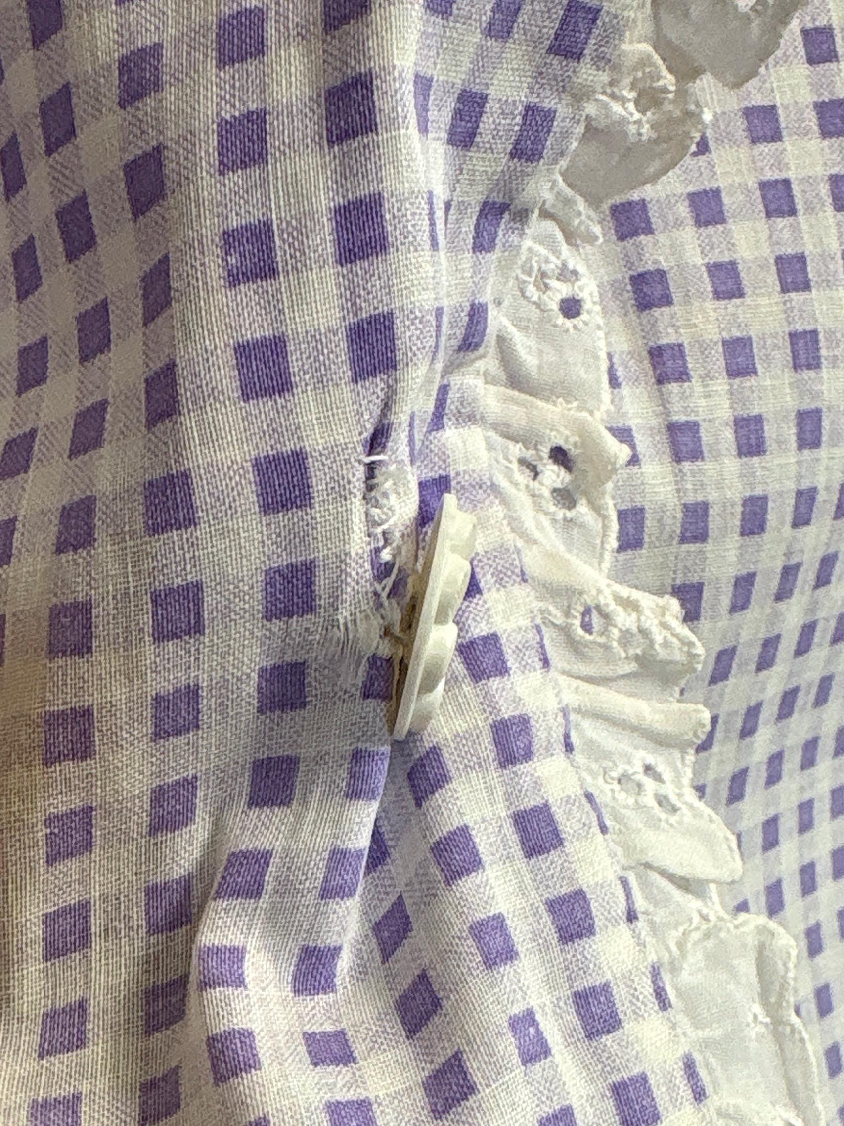 Vintage 1930's - 1940's Day Dress | Lilac Purple & White Gingham Print Cotton with Ruffled Eyelet Lace | M