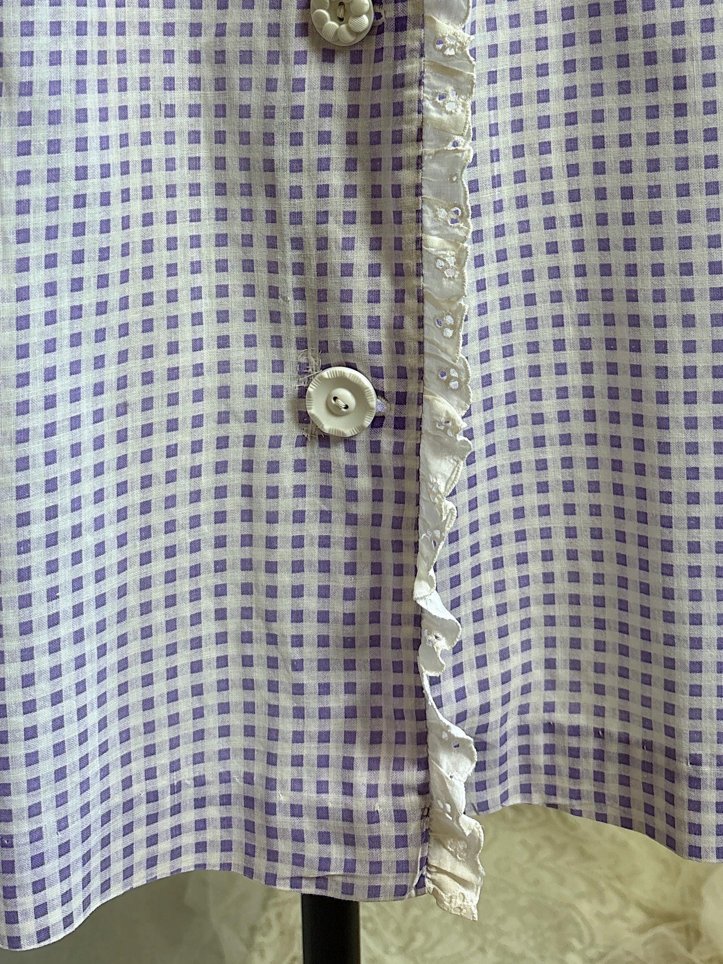Vintage 1930's - 1940's Day Dress | Lilac Purple & White Gingham Print Cotton with Ruffled Eyelet Lace | M