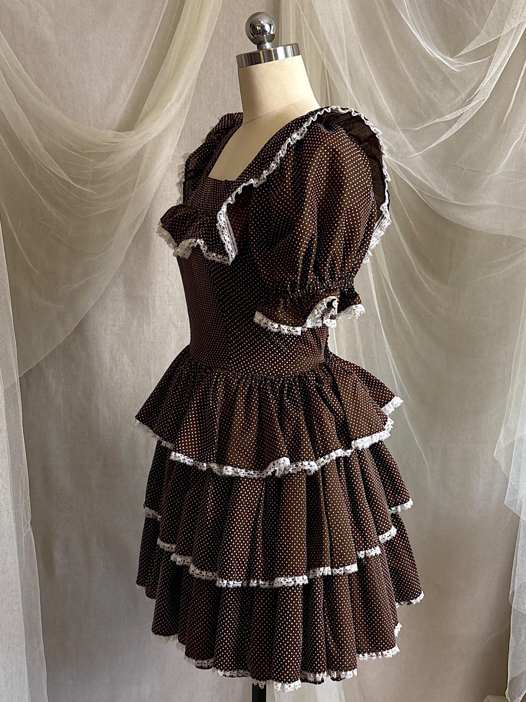 Vintage 1950's - 1960's Mini Dress | Deep Mocha Brown Cotton with White Swiss Dots & Ruffled Lace | S, M