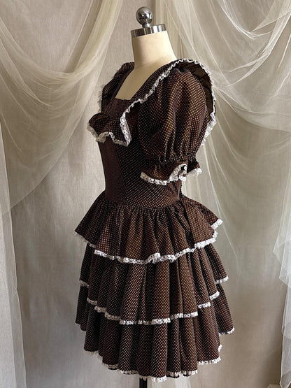 Vintage 1950's - 1960's Mini Dress | Deep Mocha Brown Cotton with White Swiss Dots & Ruffled Lace | S, M