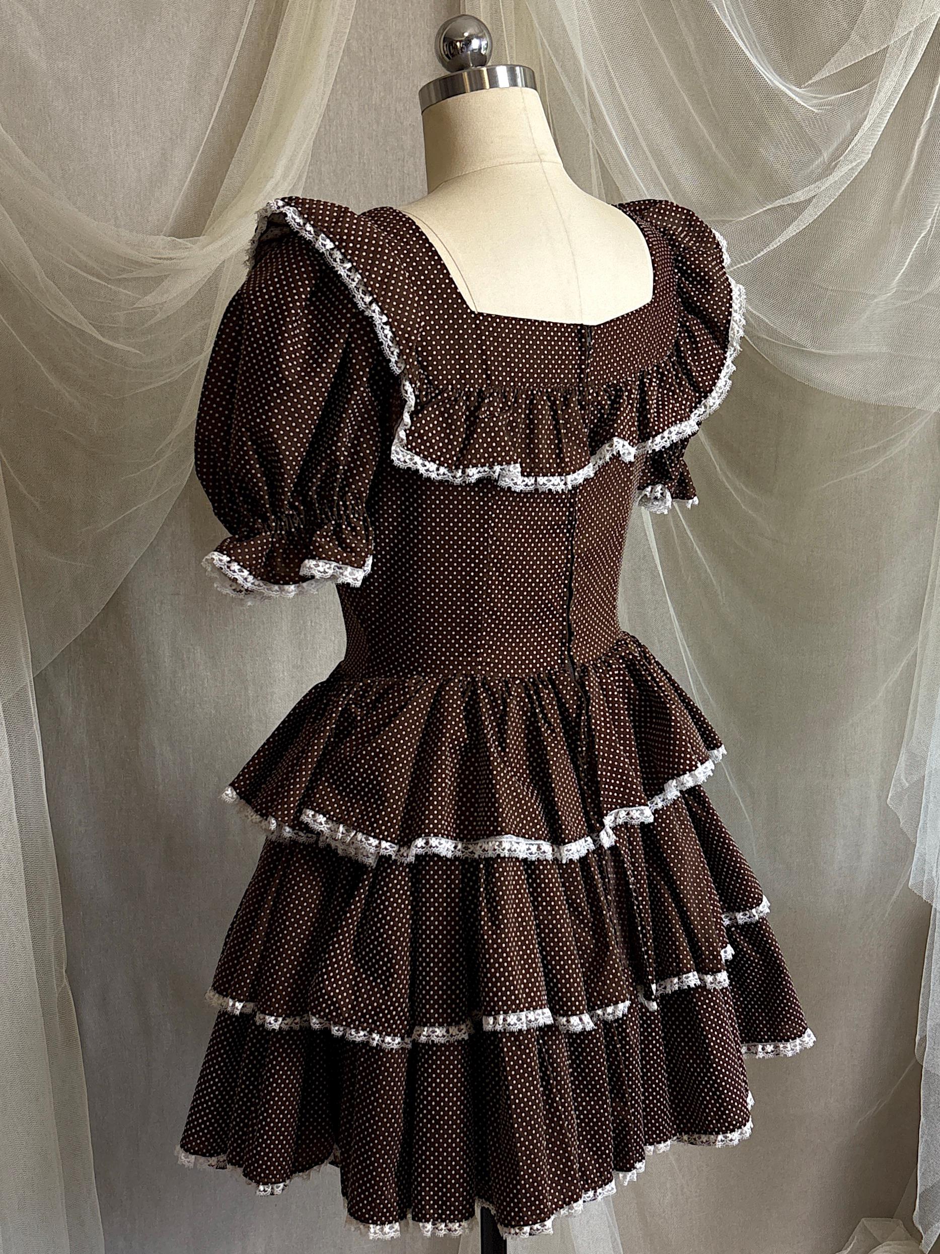 Vintage 1950's - 1960's Mini Dress | Deep Mocha Brown Cotton with White Swiss Dots & Ruffled Lace | S, M