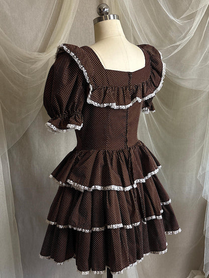 Vintage 1950's - 1960's Mini Dress | Deep Mocha Brown Cotton with White Swiss Dots & Ruffled Lace | S, M