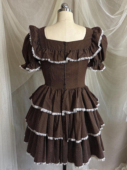 Vintage 1950's - 1960's Mini Dress | Deep Mocha Brown Cotton with White Swiss Dots & Ruffled Lace | S, M