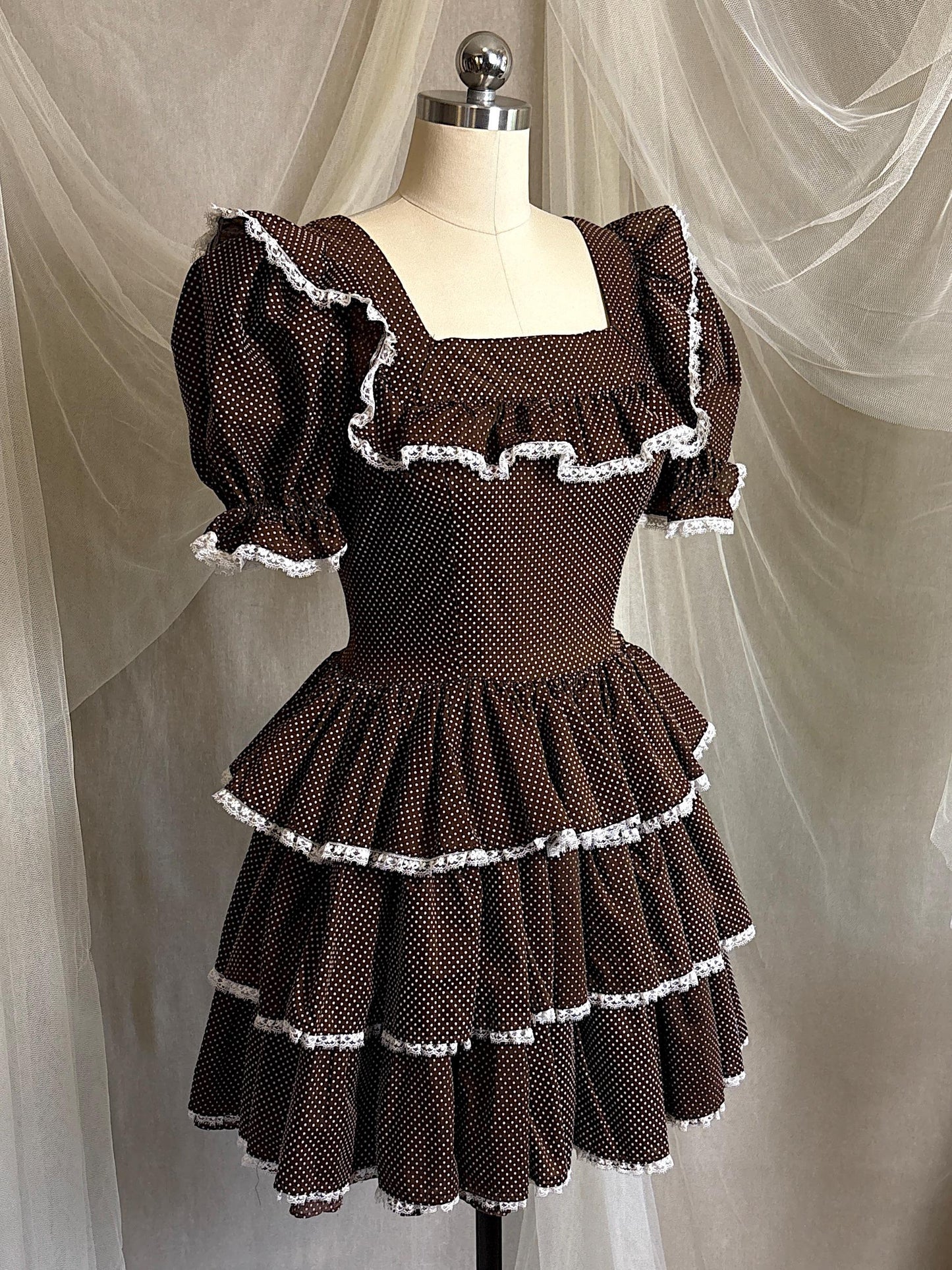 Vintage 1950's - 1960's Mini Dress | Deep Mocha Brown Cotton with White Swiss Dots & Ruffled Lace | S, M