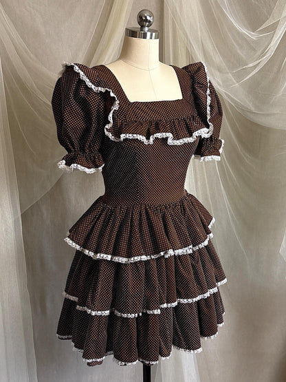 Vintage 1950's - 1960's Mini Dress | Deep Mocha Brown Cotton with White Swiss Dots & Ruffled Lace | S, M