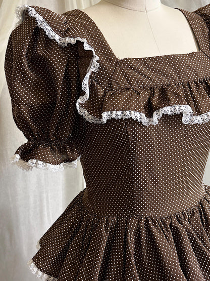 Vintage 1950's - 1960's Mini Dress | Deep Mocha Brown Cotton with White Swiss Dots & Ruffled Lace | S, M