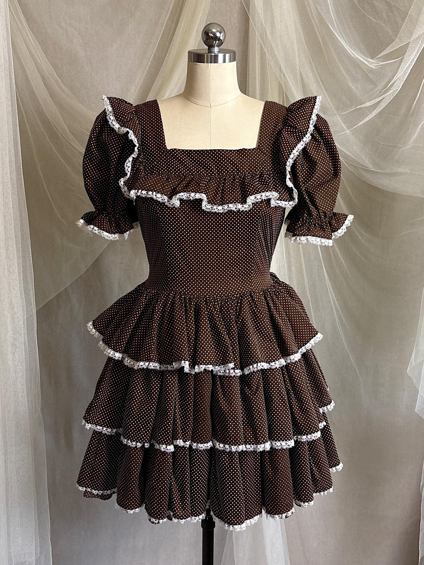 Vintage 1950's - 1960's Mini Dress | Deep Mocha Brown Cotton with White Swiss Dots & Ruffled Lace | S, M
