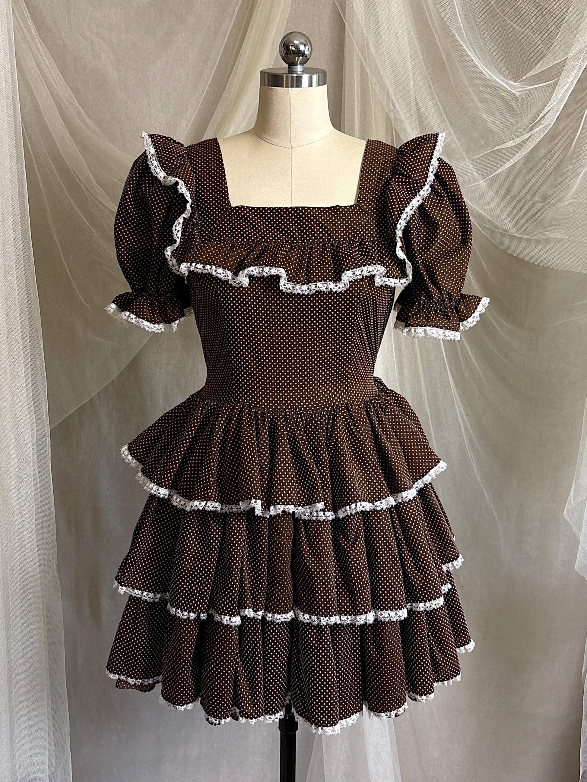 Vintage 1950's - 1960's Mini Dress | Deep Mocha Brown Cotton with White Swiss Dots & Ruffled Lace | S, M