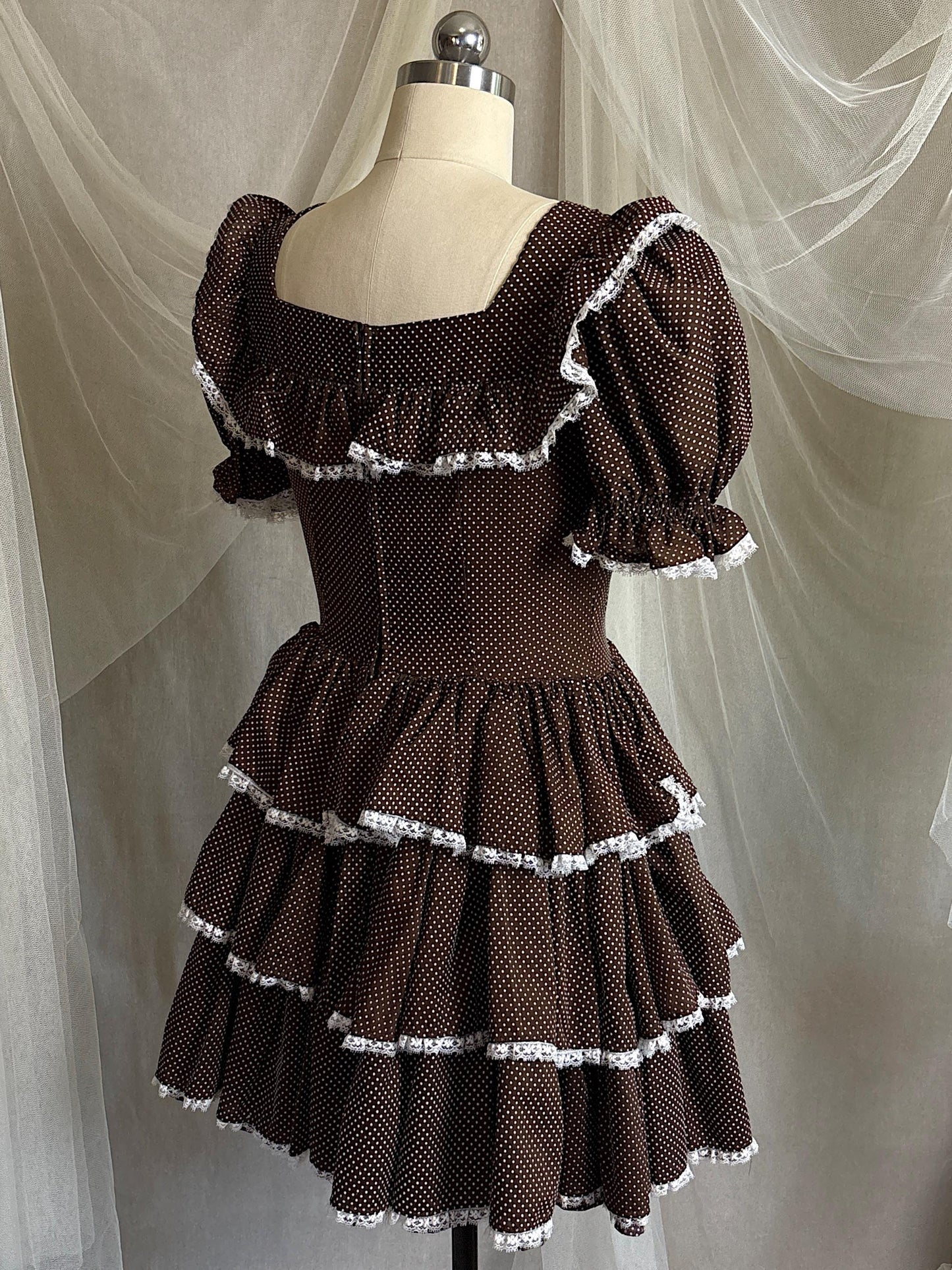 Vintage 1950's - 1960's Mini Dress | Deep Mocha Brown Cotton with White Swiss Dots & Ruffled Lace | S, M