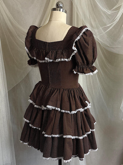 Vintage 1950's - 1960's Mini Dress | Deep Mocha Brown Cotton with White Swiss Dots & Ruffled Lace | S, M
