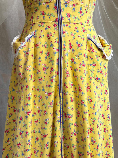 Vintage 1940's Dressing Gown | Sunny Yellow Cotton with Red Ditsy Floral Print | S