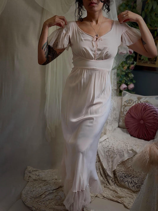 Vintage 1940s-1950s Nightgown - Powder Pink Rayon with Ruffled Nylon Tulle by Textron