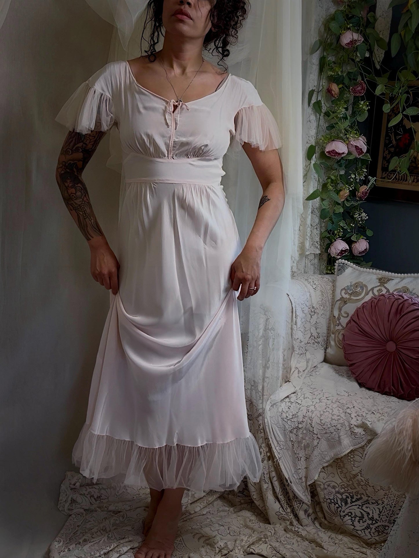 Vintage 1940s-1950s Nightgown - Powder Pink Rayon with Ruffled Nylon Tulle by Textron