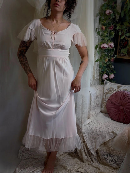 Vintage 1940s-1950s Nightgown - Powder Pink Rayon with Ruffled Nylon Tulle by Textron