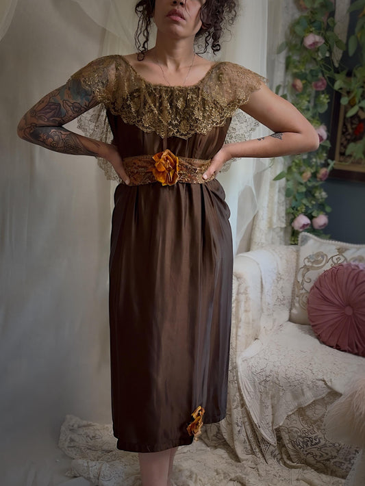 Antique 1910s-1920s Evening Gown - Rich Brown Silk with Gold Metallic Lace & Velvet Flowers