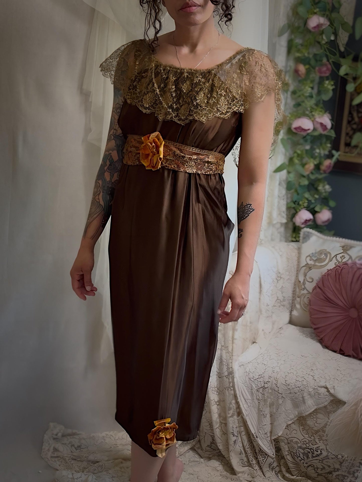 Antique 1910s-1920s Evening Gown - Rich Brown Silk with Gold Metallic Lace & Velvet Flowers