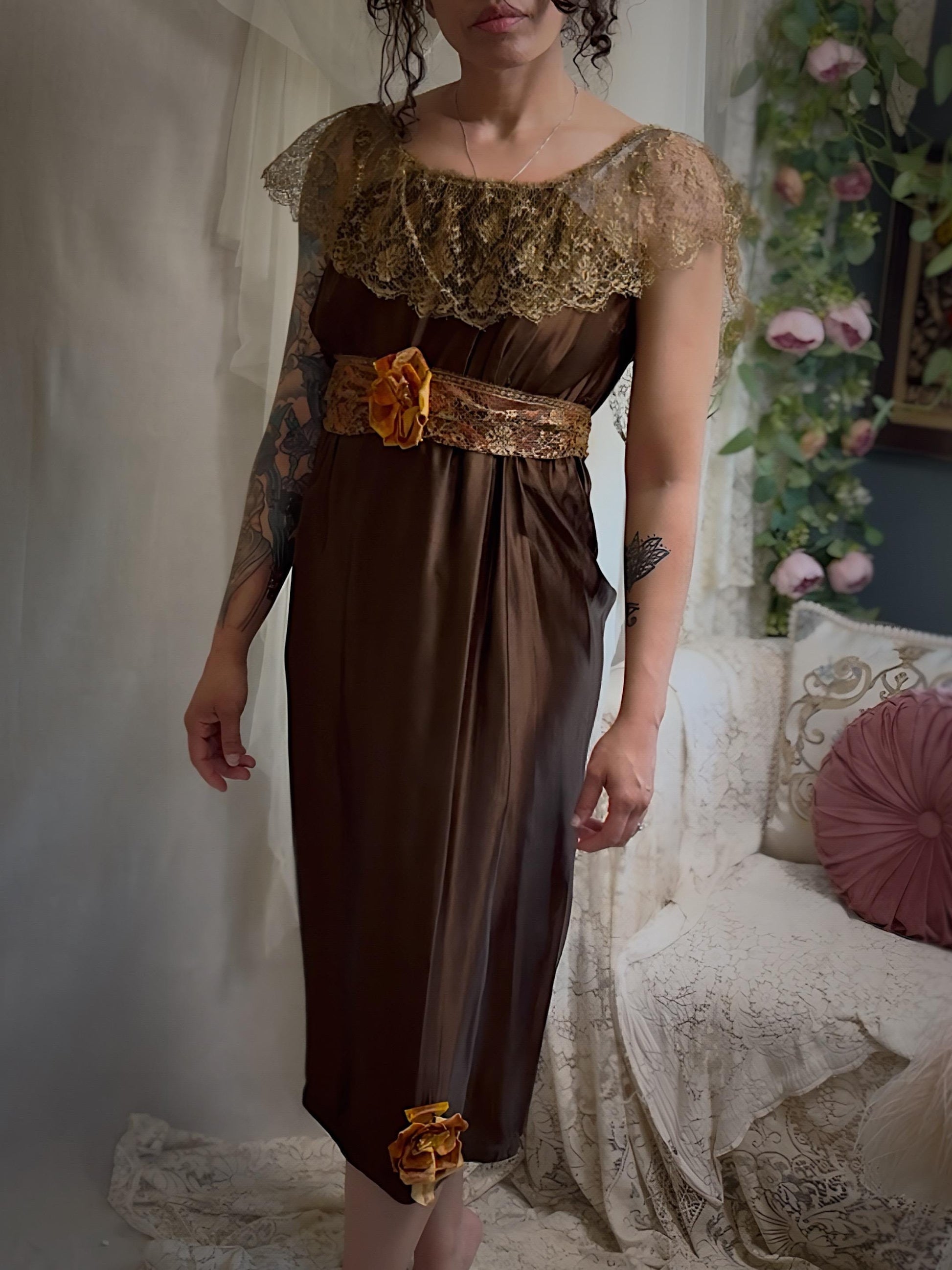 Antique 1910s-1920s Evening Gown - Rich Brown Silk with Gold Metallic Lace & Velvet Flowers