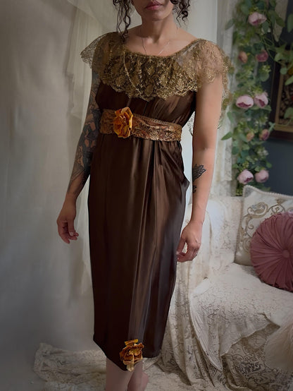 Antique 1910s-1920s Evening Gown - Rich Brown Silk with Gold Metallic Lace & Velvet Flowers